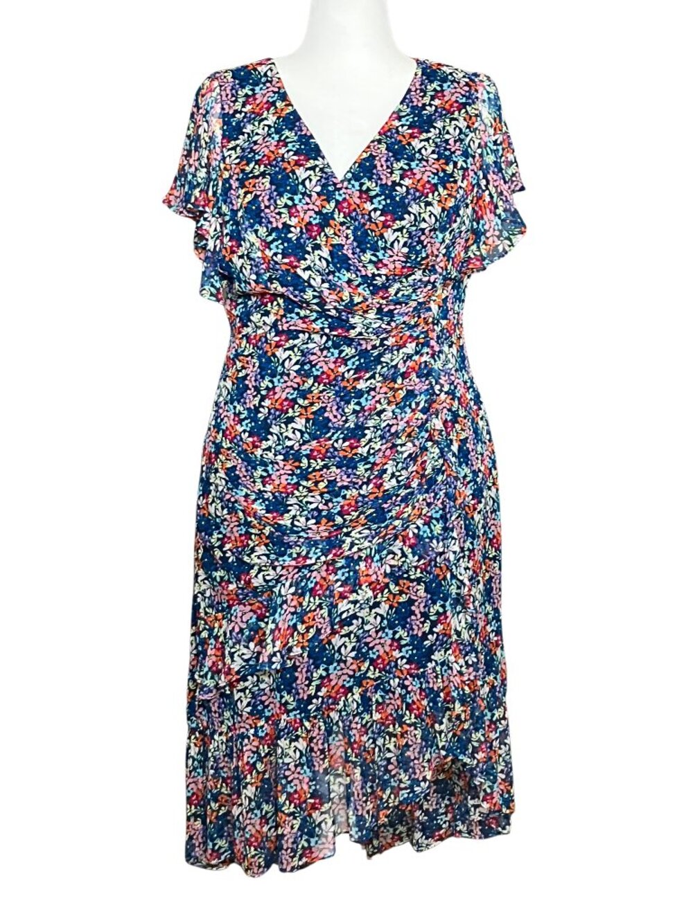 Shoshanna 100% Silk Blue Colorful Floral Asymmetrical Fairy Midi Dress Large 12